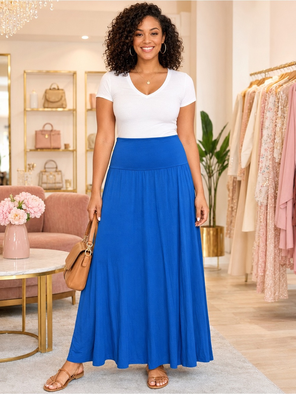 Royal Blue Fold-Over Waist Flowy A-Line Maxi Skirt - Picture 2 of 15